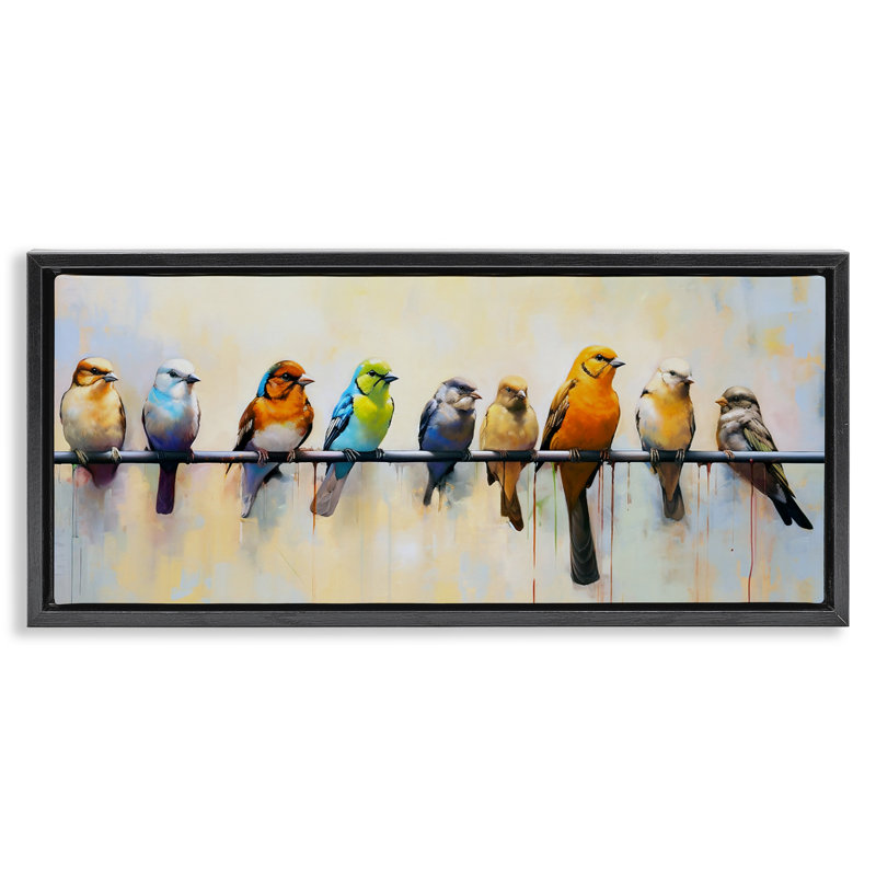 Oiseaux modernes perchés, Cadre flottant noir de jais, H 14 po x l 31 po