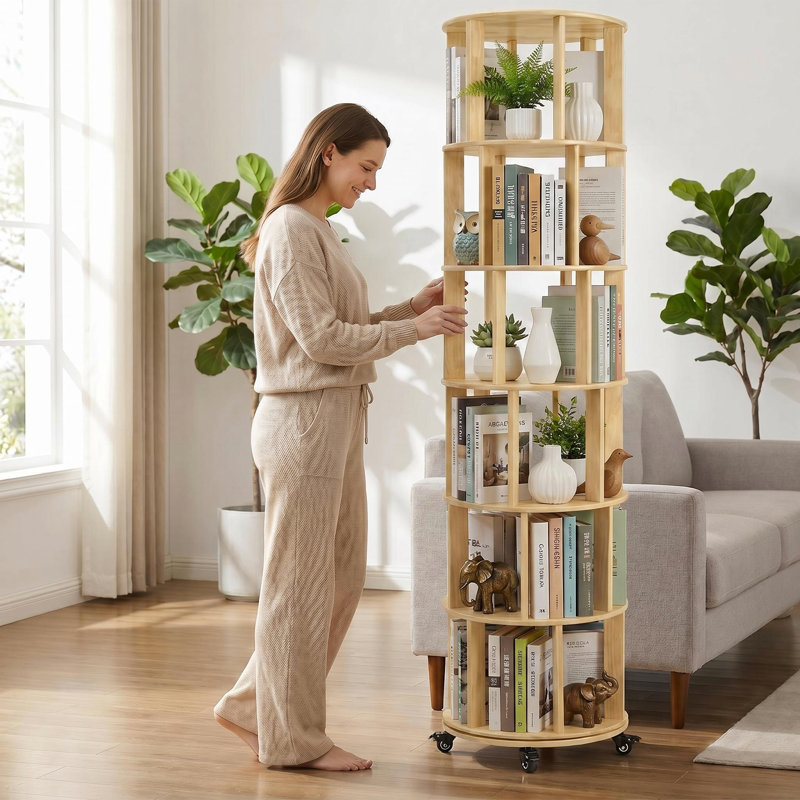 Bibliothèque rotative à 6 niveaux, tour en bois massif avec roulettes pour un affichage à 360 ° et un rangement peu encombrant dans les petites pièces et les coins