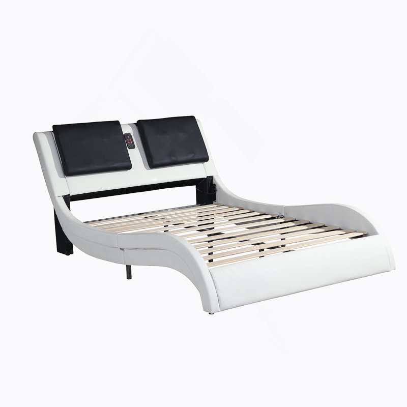 Faux Leather Upholstered Platform Bed Frame with led lighting ,Bluetooth connection to play music /RGB control,Backrest vibration massage,Curve Design, Wood Slat Support, No Box Spring Needed