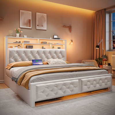 Upholstered Bed with Wood Frame, 4 Storage Drawers, Modern Bed Frame with Charging Station & LED Lights, Headboard Included,Full/Beige