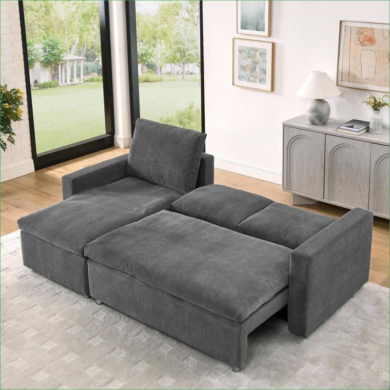 Canapés modulaires | Lit gigogne escamotable moderne en L de 90 po | Méridienne réversible avec rangement | Pour salon | Gris | Velours côtelé
