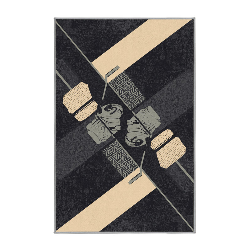Machine Washable Elkton Kebabs Global Inspired Geometric Rug in Gray – Gray Binding, 2x3
