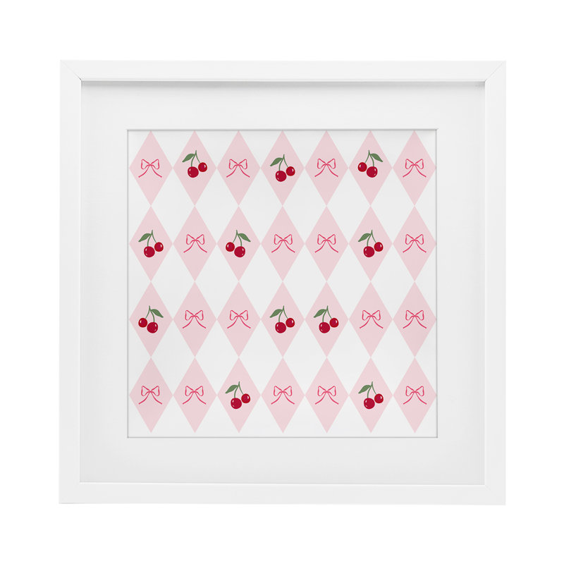 «Cherries & Bows Argyle», reproduction d'art sous verre encadrée par Lucille Price, H 16 po x l 16 po, Blanc