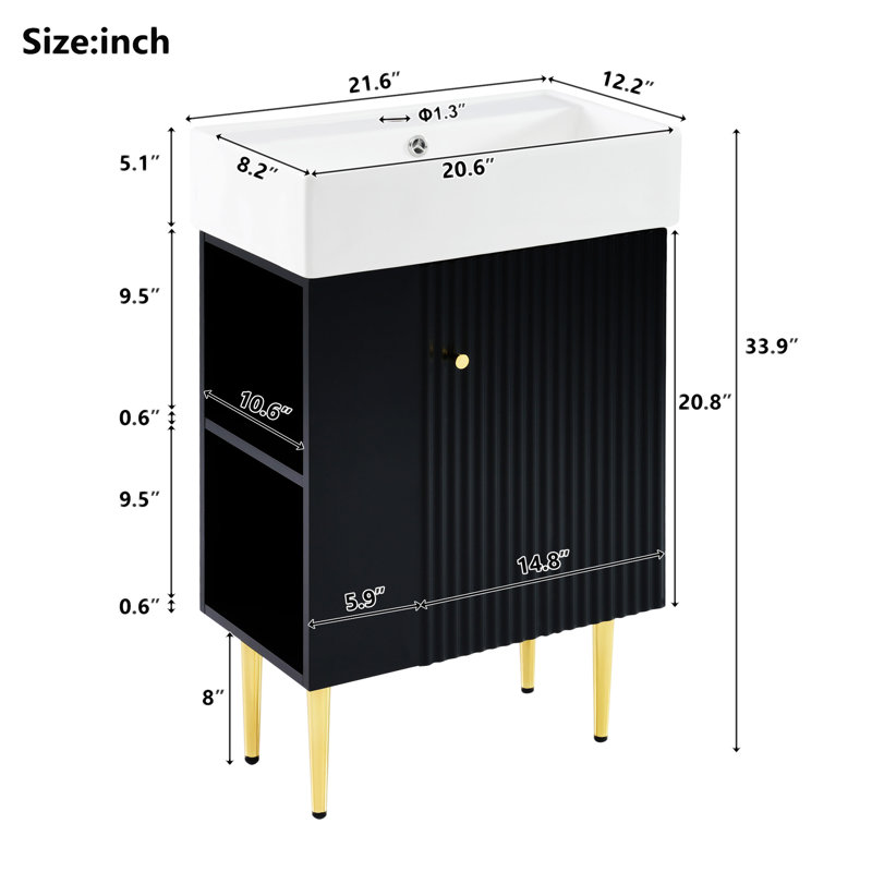 Meuble-lavabo de salle de bain 21,6 po, Noir, noir, noir, noir