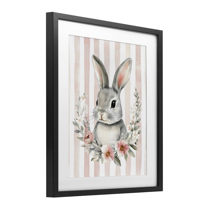 Reproduction encadrée de lapin de bébé rose rayé sous verre, design par Arlington Prints, H 21 po x l 17 po