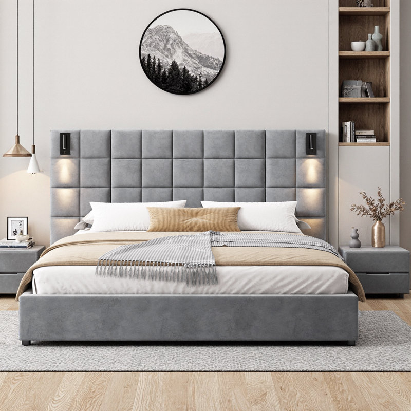 Structure de lit tapissier très grand de qualité supérieure avec applique murale et port USB, tête de lit large en velours moelleux pour un confort luxueux en gris élégant