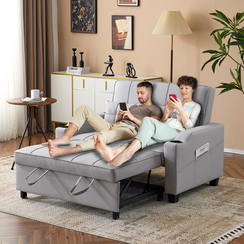 Upholstered Convertible Twin Size Loveseat Recliner Sleeper Couch Pull Out Sofa Sofa Bed For Small Spaces, Gray