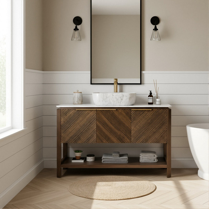 Meuble-lavabo autoportant moderne de 48 po avec lavabo vasque en marbre, plateau en pierre frittée (noyer foncé / bois naturel)