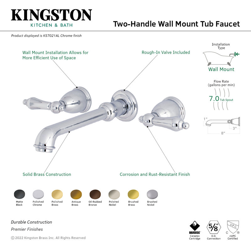 English Country Double Handle Wall Mounted Tub Spout, Brushed Nickel