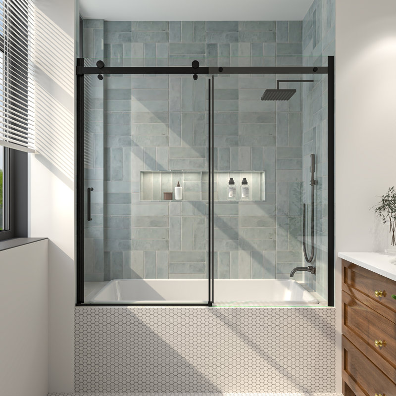 Porte de baignoire coulissante simple demi-cadre avec verre transparent l 56 "x H 58" x H 56 ", Noir mat