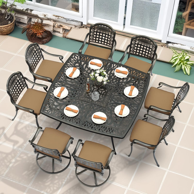 9-Piece Outdoor Patio Dining Set For 8, All Weather Cast Aluminum Patio Funiture Table And Chairs Set- Large 64" Square Table And 2 Swivel Rocker Chairs, 6 Stationary Chairs For Garden