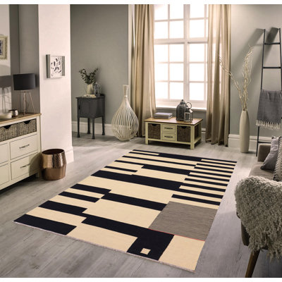 Tapis beige / noir rayé en laine noué à la main à motif rectangulaire 5 pi 5 po x 8 pi 1 po Johson