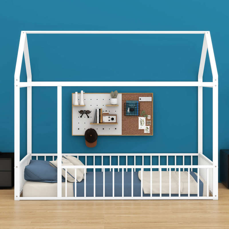 Structure de lit simple en métal avec clôture - pour enfants, adolescents, Blanc
