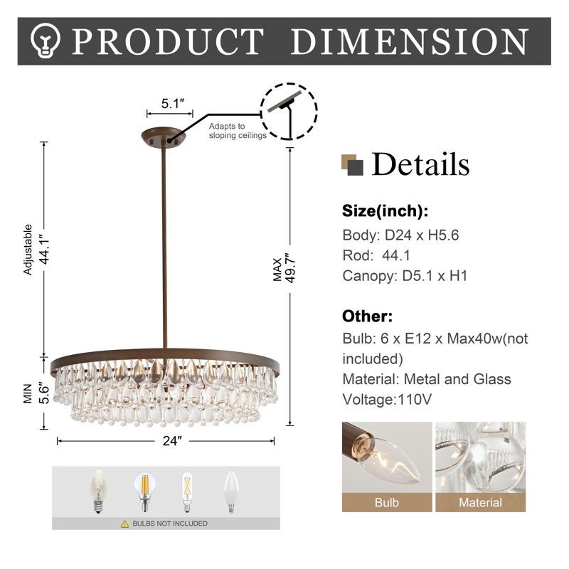 Lustre en cristal 6 lumières Viviana 24 "- bronze