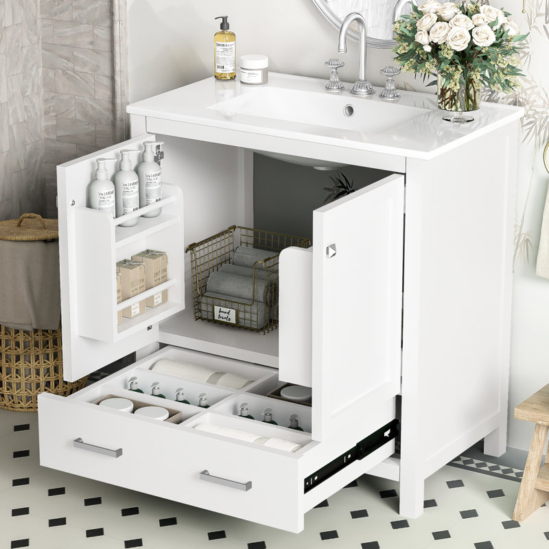Meuble-lavabo de 30 po avec lavabo simple, portes à fermeture douce, 2 portes et 1 armoire à tiroirs, structure en bois massif, unité de rangement multifonctionnelle en céramique blanche, meuble-lavabo, + fabrication, tiroir, pour un