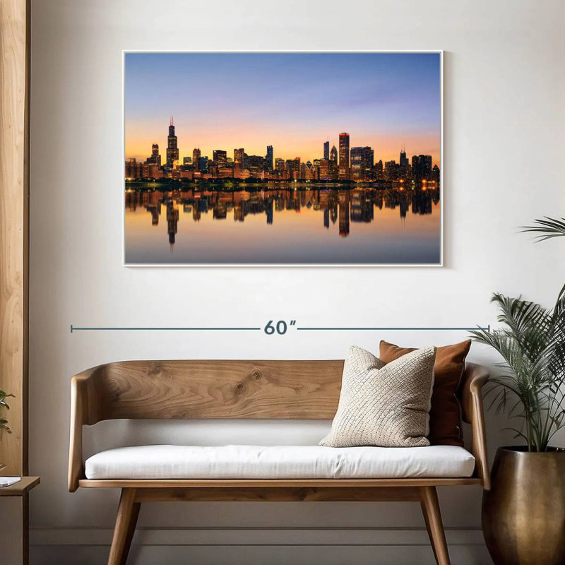 Chicago, reflet de l'horizon, 46 po x 31 po, Cadre flottant blanc