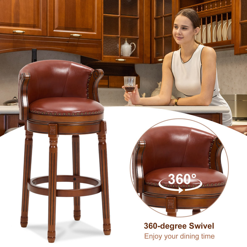 Swivel Bar Stool with Top-Grain Leather Seat, Soft Back, Rubber Wood Frame & Footrest for Kitchen, Dining, or Bar, Brown