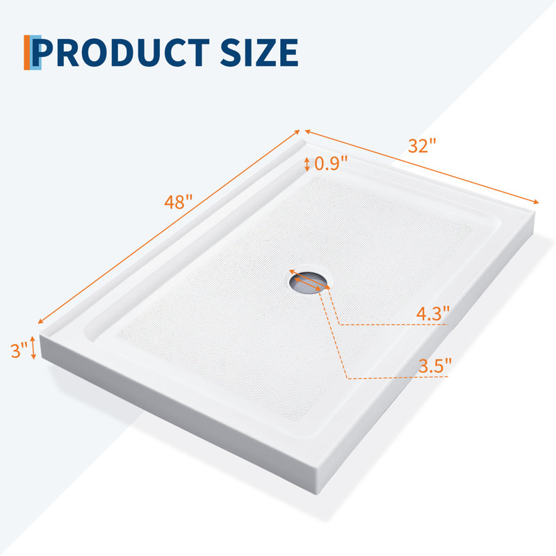 48" x 32" Shower Base with 304 Stainless Steel Drain – Anti-Slip Textured Resin Shower Pan, Clog-Free Strainer, Reinforced Durability, 3.5" Low Profile, Pre-Connected Kit for Easy Install