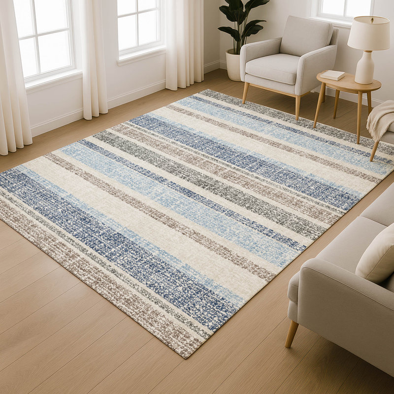 Premium Machine Washable Mayfield AMF2122 Striped Rug, Navy, 5' x 7'6"