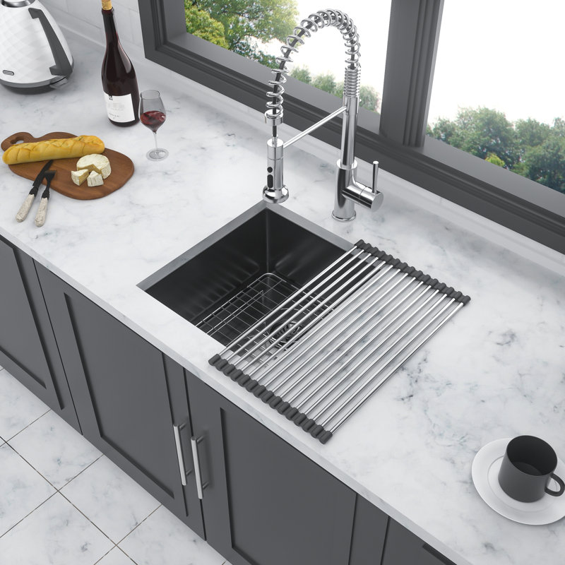 Gunmetal Black Undermount Kitchen Basin 15"X17"X10", 16G Stainless Steel, Finish, Condensation Prevention 15"X17"X10" Sink, To Scratches, Included Drain Assembly And Drying Rack