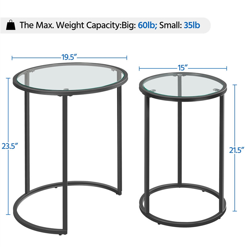 Baina 23.5"H Round Nesting End Table Set with Metal Frame, Black