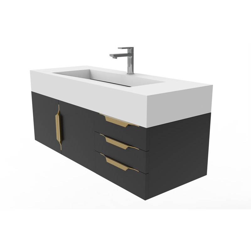Ensemble de meuble-lavabo simple mural 48 po Nile, Blanc, Doré, Noir