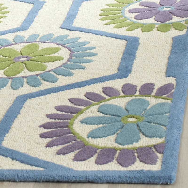 Tapis ivoire / bleu en laine touffeté à la main Ilion, Tapis de couloir 2 pi 6 po x 8 pi