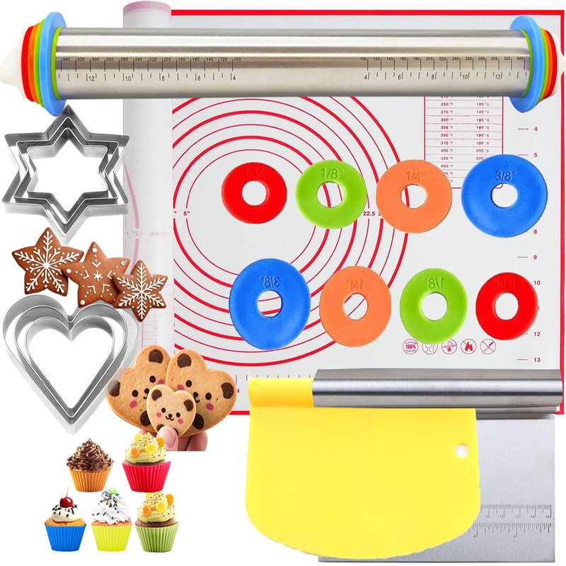19-Piece Adjustable Stainless Steel Rolling Pin Baking Set with Silicone Pastry Mat & Tools