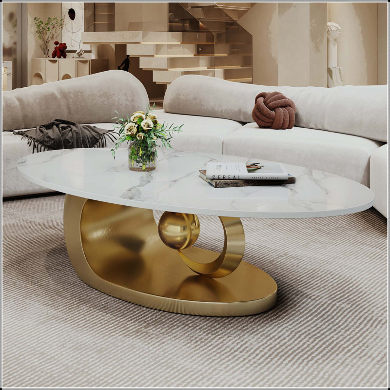 Table basse moderne avec base sculpturale en acier inoxydable, Blanc / doré
