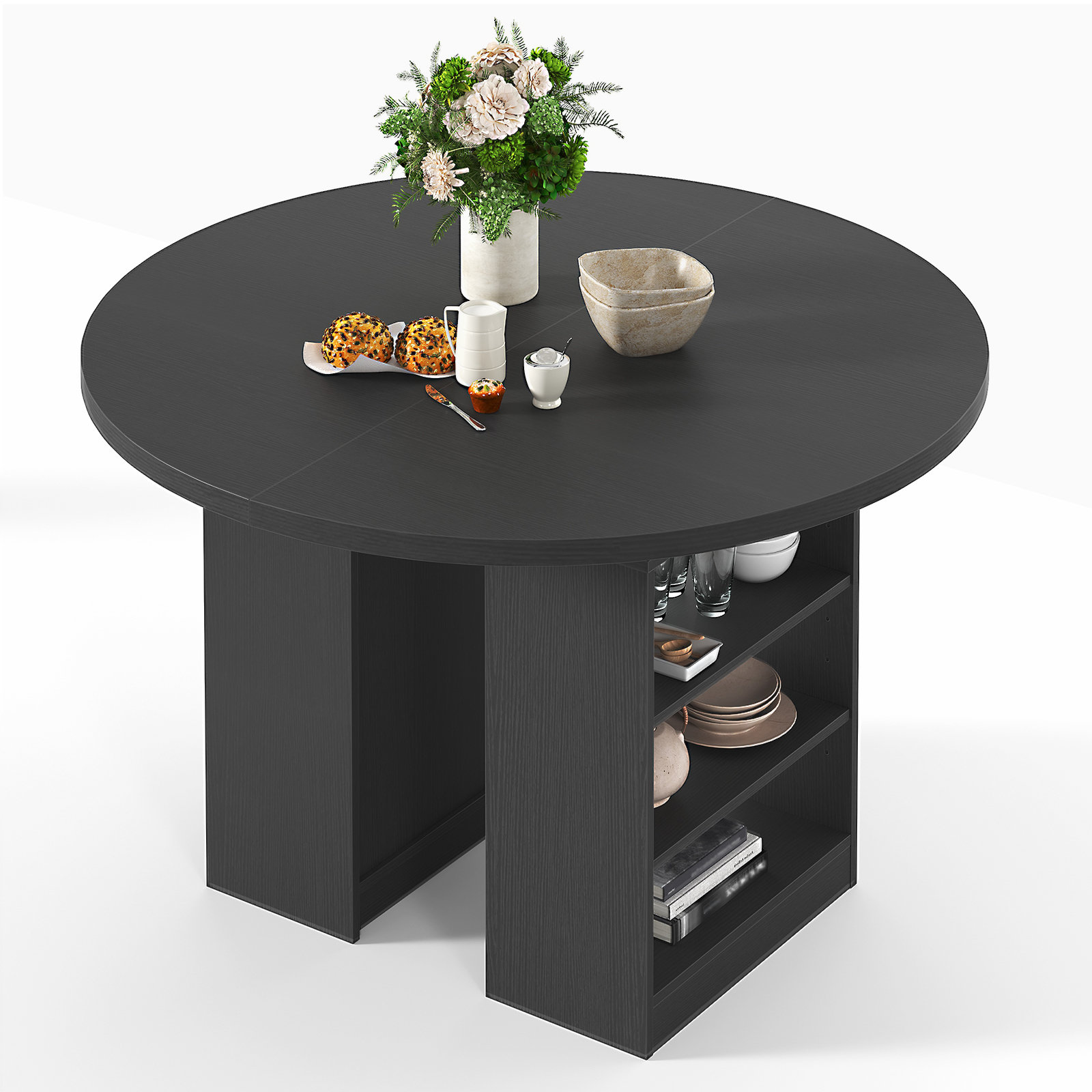 Ebern Designs 59'' Extendable Dining Table For 4-8, Round Kitchen Room ...