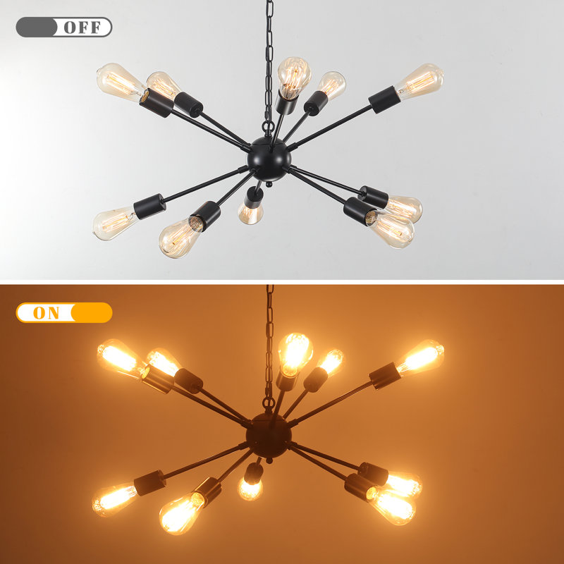 10-Light Black Dimmable Sputnik Chandelier with Plug-In Cord & Switch, Ideal for Living Room, Dining & Entryway
