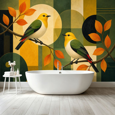 Peler et coller le papier peint, abstrait, deux oiseaux jaunes et verts, branches perchées, art mural géométrique auto-adhésif et amovible