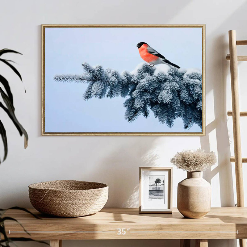 Bouvreuil sur une épinette festive, Cadre flottant en bois naturel, 25 po x 17 po