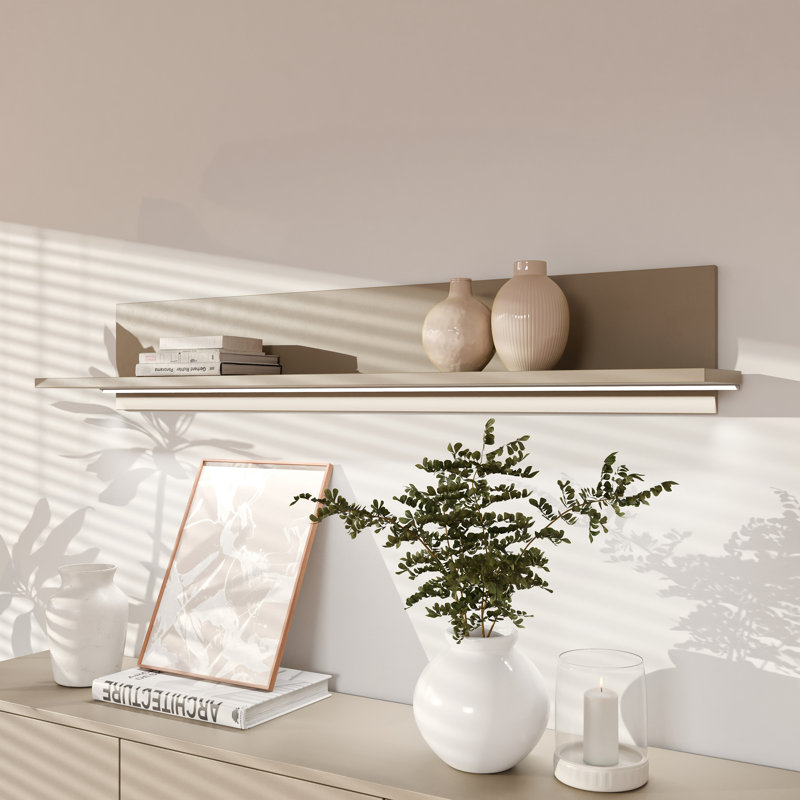 Chadwic Minimalistic wall mounted shelf for decorative display, engineered wood, 154 cm W x 25.6 cm H x 21.2 cm D, Grey