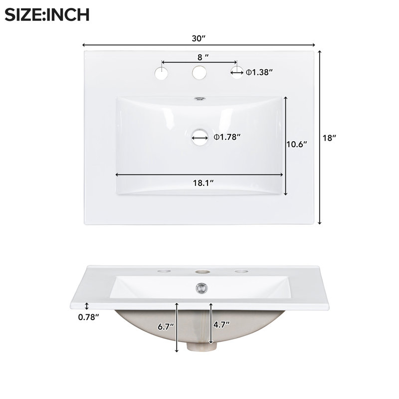 Armoire de salle de bain 30 po - Finition élégante pour meuble-lavabo 30 po avec trop-plein en céramique