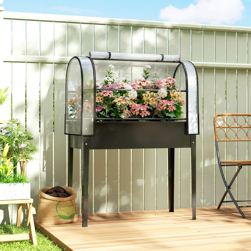 Raised Garden Bed With Flip-Up Greenhouse Cover, Metal Elevated Garden Bed With Legs And Drainage Hole, Black, Black