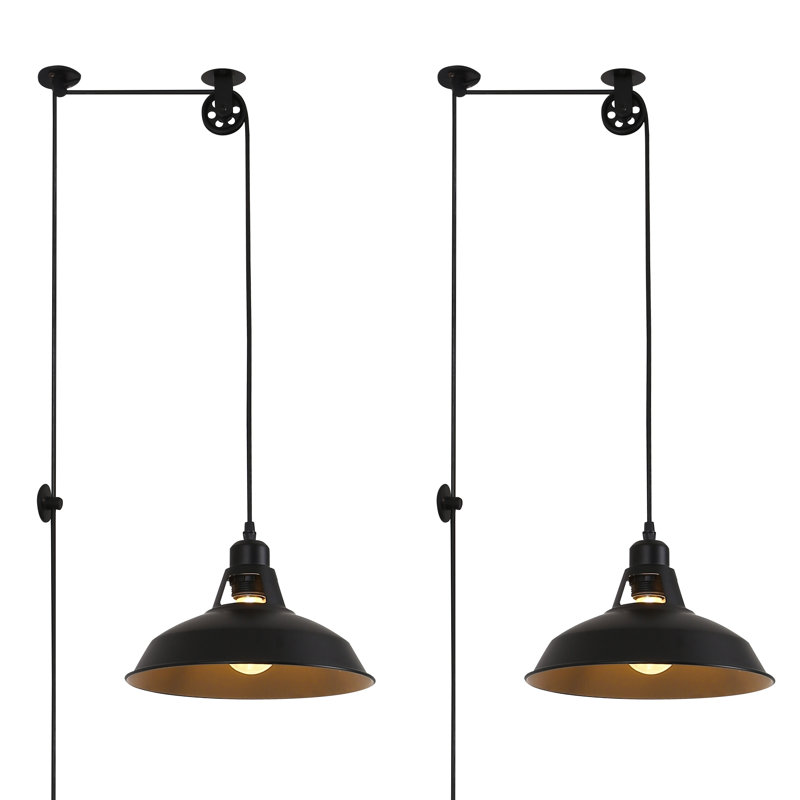 Industrial 2pcs Pendant Light Lift Pipe Pulley Ceiling Fixture, Adjustable Height Plug In Hanging Lamp With Switch, Black