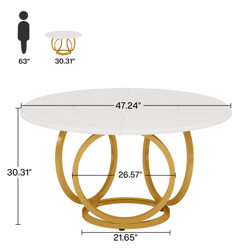 Round Metal Base Dining Table, White, Gold