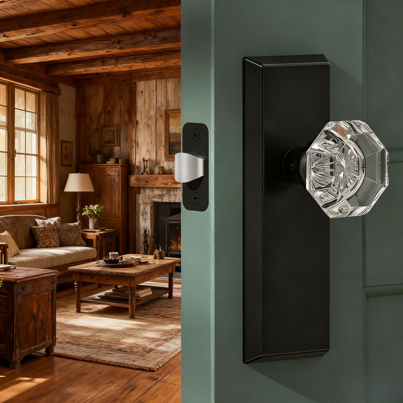 Bouton de porte de passage octogonal en cristal noir mat, Noir mat, Passage