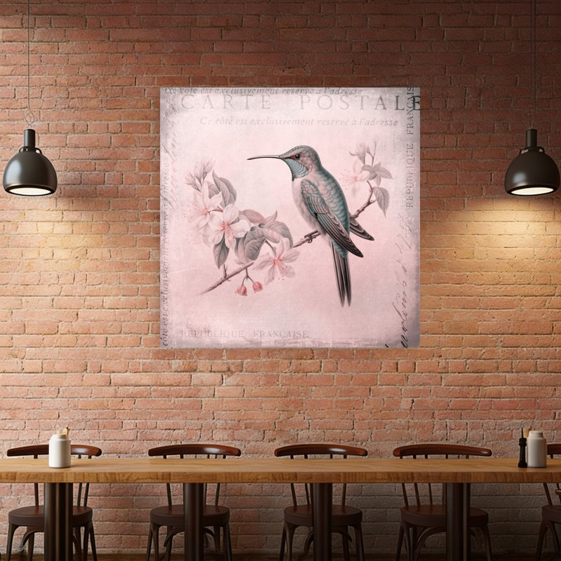 Affiche murale colibri en fleurs vintage, de style contemporain, représentant un colibri., 48" H x 48" W
