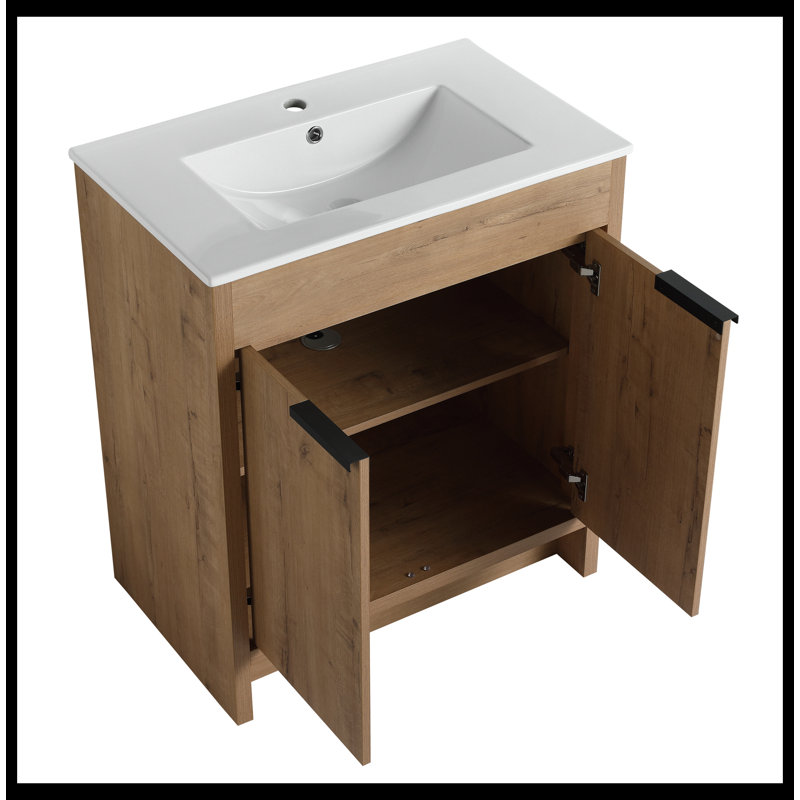 Meuble-lavabo autoportant de 30 po avec lavabo en céramique blanche et 2 portes d'armoire à fermeture en douceur