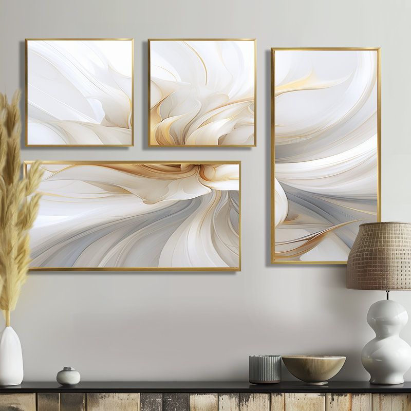 «Fractal Flower Tender White Sens sensibilité II», art mural sur toile blanche 4 pièces, Doré