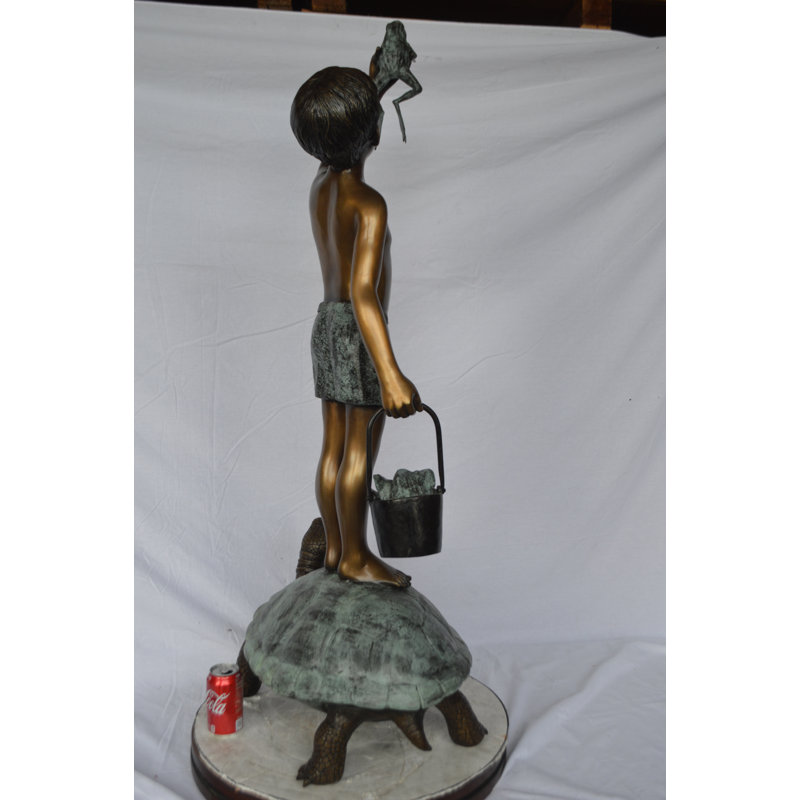 Copper and Metal Boy on Turtle Holding Frog Fountain
