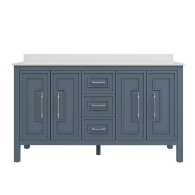 Meuble-lavabo autoportant à deux cuves 60 po OVE Catali en chambray, plateau en pierre reconstituée blanche, quincaillerie en nickel brossé