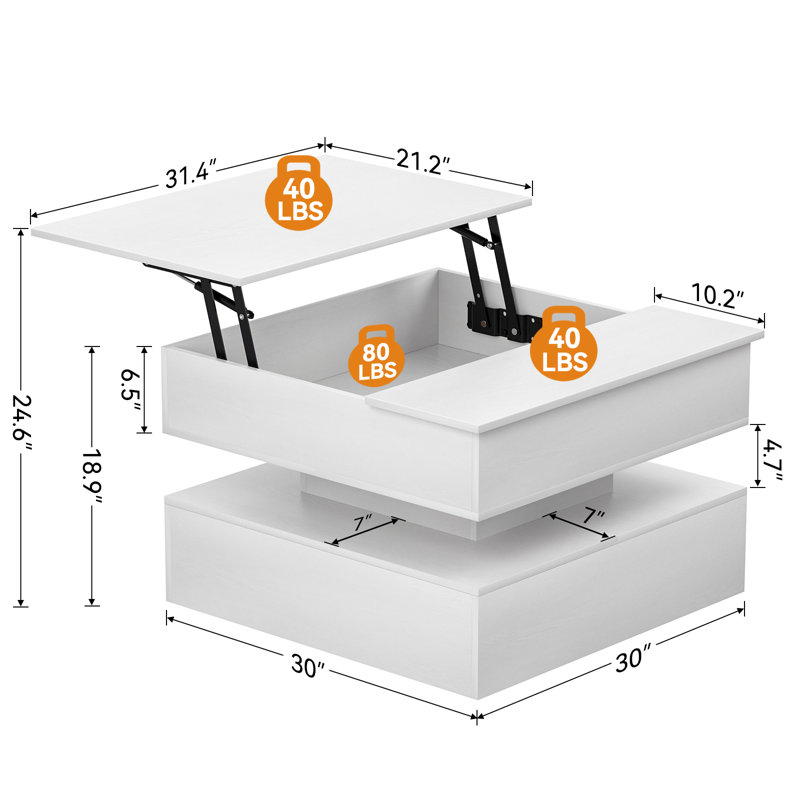 Table basse à plateau relevable avec rangement et compartiment caché, table basse carrée en bois pour le salon, petite table centrale de 31,5 po avec tablette ouverte pour la salle de réception