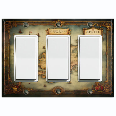 Metal Light Switch Plate Outlet Cover (Ship Travel World Map Biege - Triple Rocker)