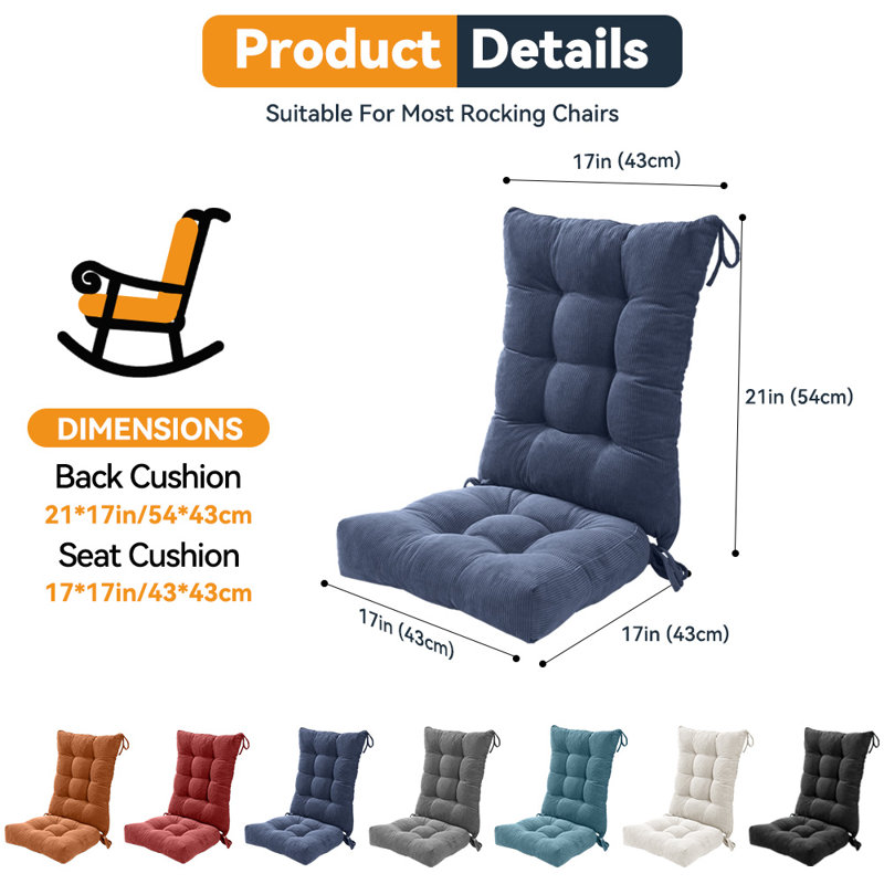 Coussin de chaise berçante antidérapante à fixation double - Coussin de siège et de dossier en velours côtelé rembourré de mousse à haut rebond pour bureau, chambre et porche (bleu marine)