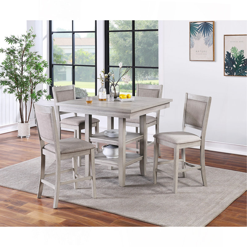 Ensemble de table de salle à manger à hauteur de comptoir 5 pièces, table carrée avec tablettes, coussins, style moderne, gris rustique