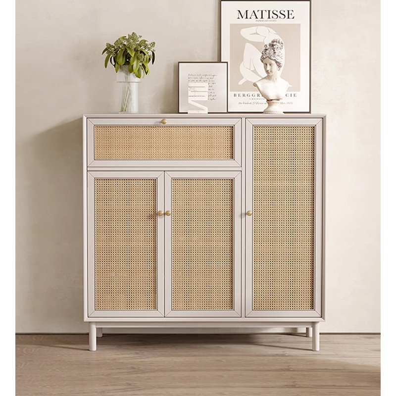 French-Style Wicker-Weave Solid Oak Shoe Cabinet, White