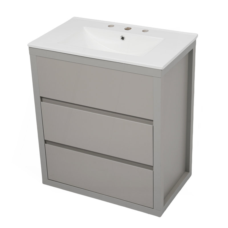 30" Bathroom Vanity With Ceramic Sink And 2 Full-Extension Drawers, Freestanding Bathroom Vanity With 45° Free-Handle Design, Soft Close Undermount Drawer Slides, Gray